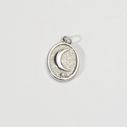 (18mm) Solitaire Cubic Zirconia Celestial Moon Oval Medallion Charm Stainless Steel PVD Gold Plated Liontin Bulan Hypoallergenic