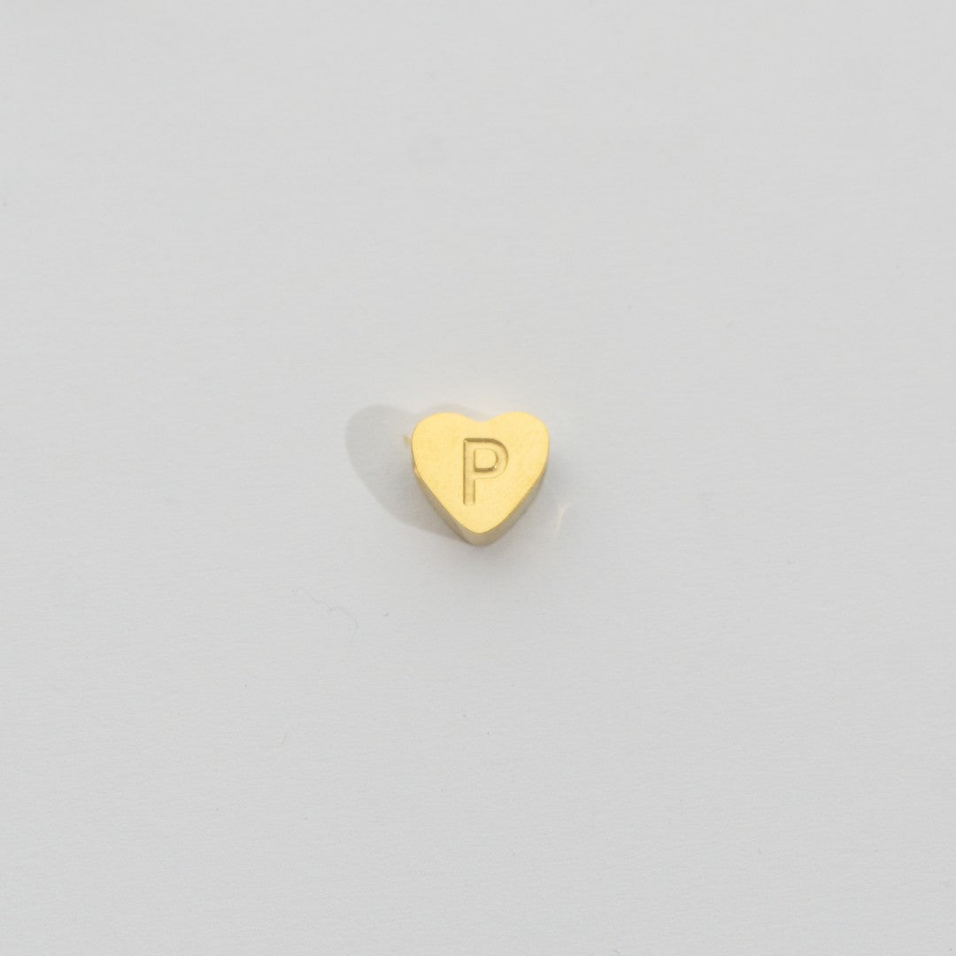 (7mm) Initial Heart Slider Beads Stainless Steel PVD Gold Plated Liontin Manik Huruf Hypoallergenic