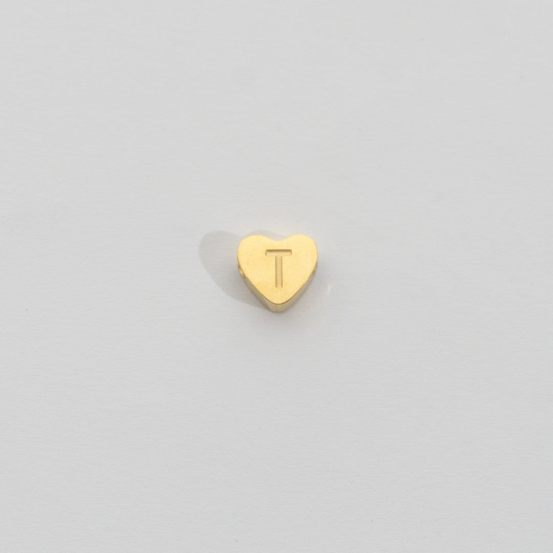 (7mm) Initial Heart Slider Beads Stainless Steel PVD Gold Plated Liontin Manik Huruf Hypoallergenic