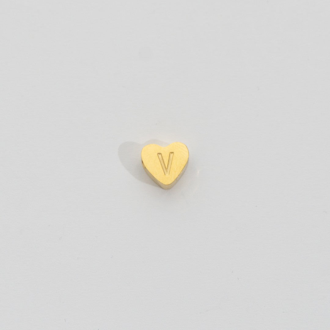 (7mm) Initial Heart Slider Beads Stainless Steel PVD Gold Plated Liontin Manik Huruf Hypoallergenic