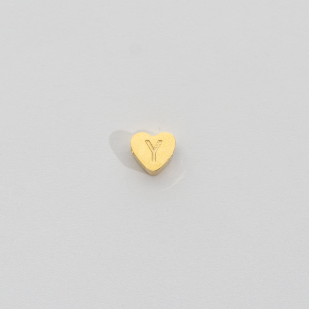 (7mm) Initial Heart Slider Beads Stainless Steel PVD Gold Plated Liontin Manik Huruf Hypoallergenic