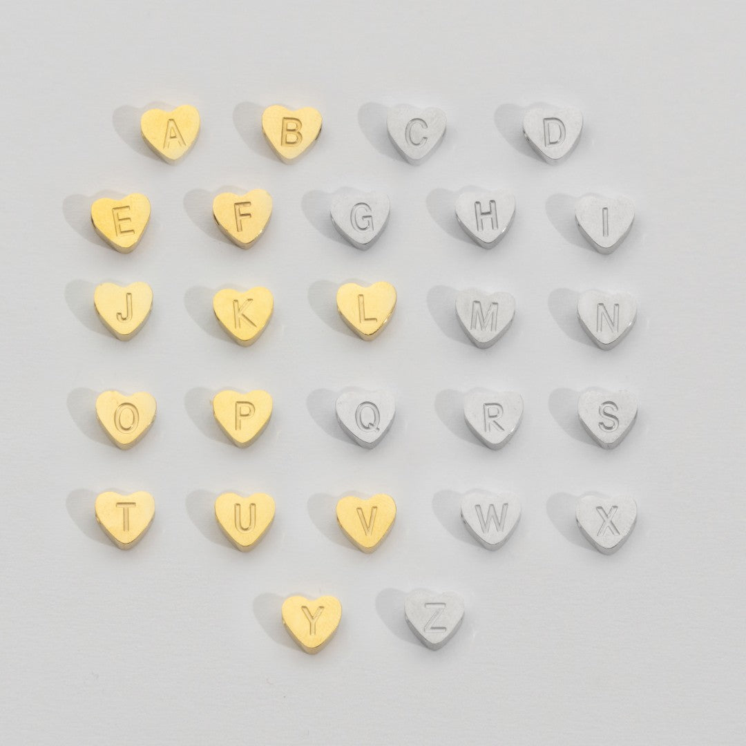 (7mm) Initial Heart Slider Beads Stainless Steel PVD Gold Plated Liontin Manik Huruf Hypoallergenic