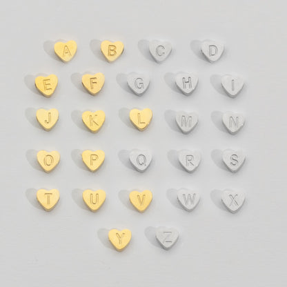 (7mm) Initial Heart Slider Beads Stainless Steel PVD Gold Plated Liontin Manik Huruf Hypoallergenic