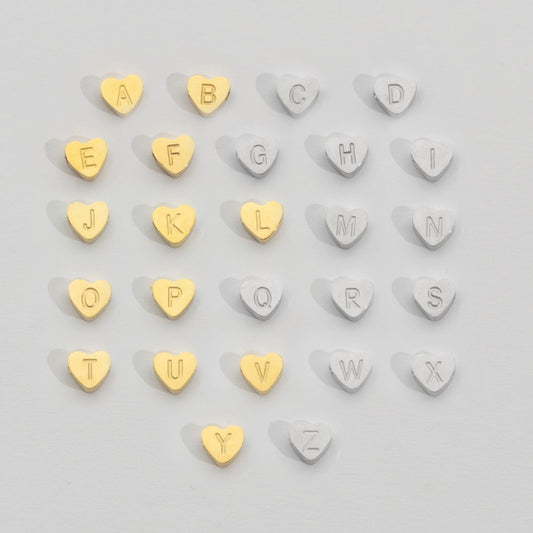(7mm) Initial Heart Slider Beads Stainless Steel PVD Gold Plated Liontin Manik Huruf Hypoallergenic
