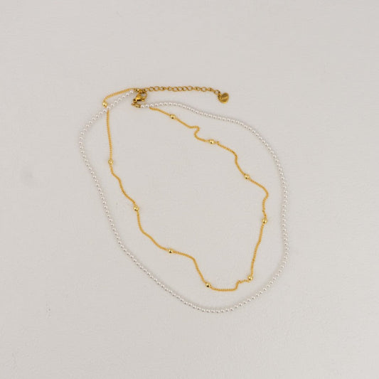 (39+6cm) Double Layer Shell Pearl Necklace Stainless Steel PVD Gold Plated Kalung Mutiara Hypoallergenic