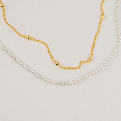 (39+6cm) Double Layer Shell Pearl Necklace Stainless Steel PVD Gold Plated Kalung Mutiara Hypoallergenic