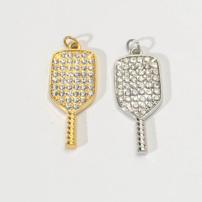(28mm) Micro Paved Cubic Zirconia Ping - Pong Paddle Sport Pendant Stainless Steel PVD Gold Plated Liontin Raket Padel Hypoallergenic