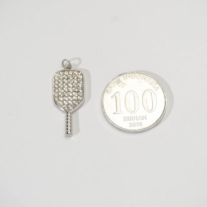 (28mm) Micro Paved Cubic Zirconia Ping - Pong Paddle Sport Pendant Stainless Steel PVD Gold Plated Liontin Raket Padel Hypoallergenic