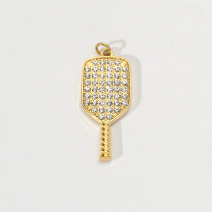 (28mm) Micro Paved Cubic Zirconia Ping - Pong Paddle Sport Pendant Stainless Steel PVD Gold Plated Liontin Raket Padel Hypoallergenic